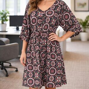 Torrid Women's Floral Mandala Dress Sz 1 14 16 Bell Sleeve Boho Work Festival